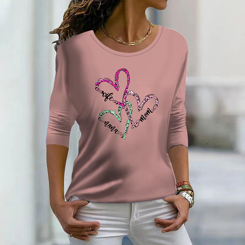 Топы для женщин 3D розовый кристалл сердце принт круглый вырез длинный рукав футболка — фото 3