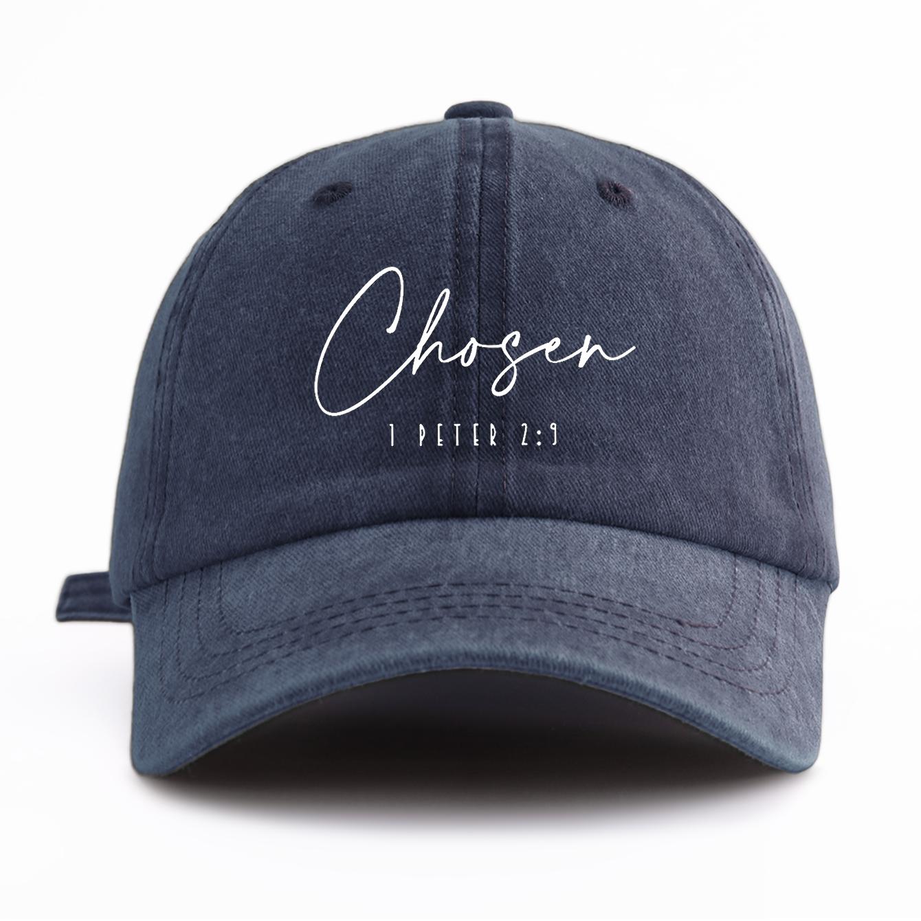 

1pc CHOSEN Print Washed Baseball Cap for Adults, Minimalist Retro Style Casual Soft Adjustable Dad Hat, Perfect As Gift темно-синього кольору