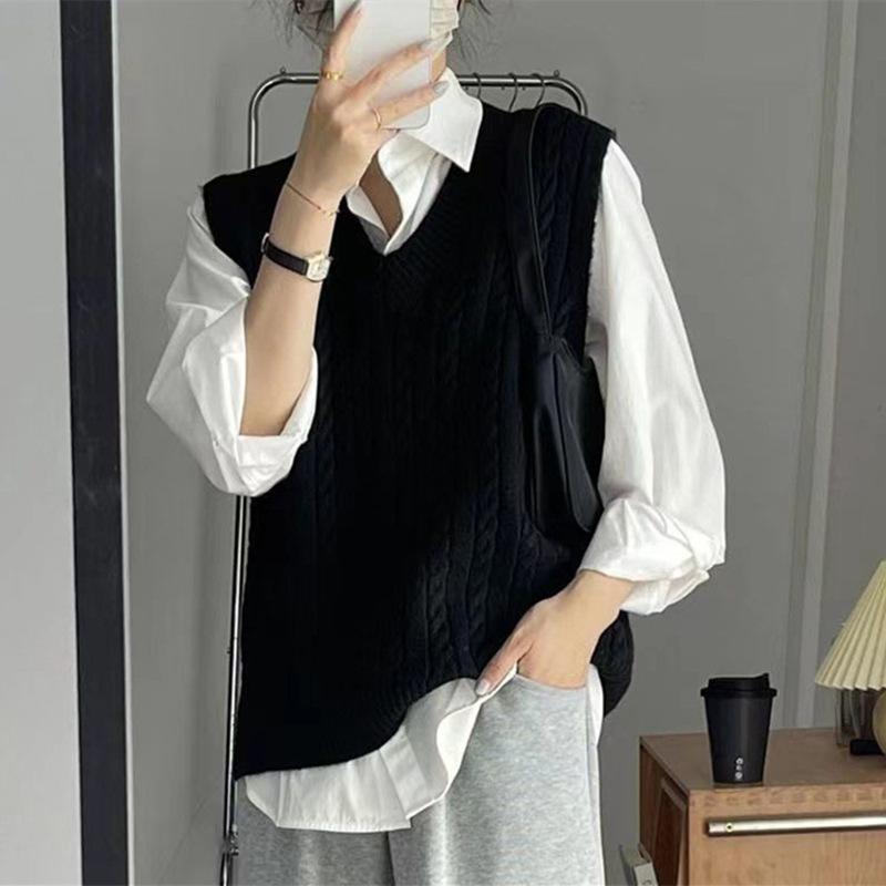 

YYFS Женская мода Повседневный Осень Зима Однотонный принт Без рукавов V-образный вырез свитера Size: One Size чёрный