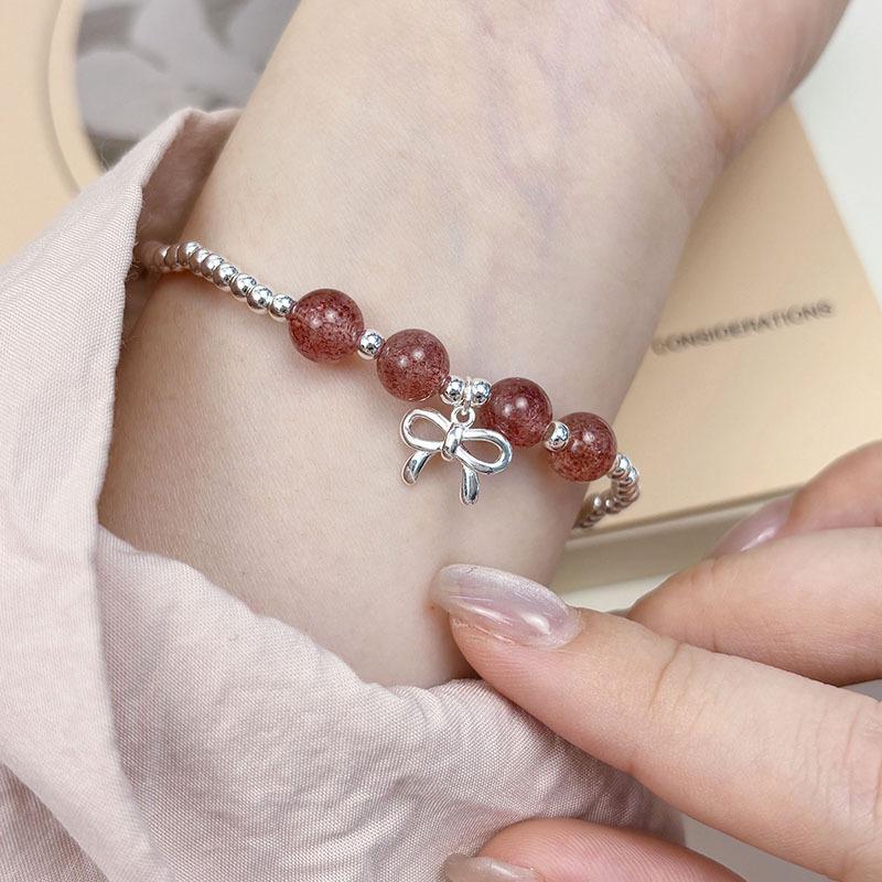 s925 sterling silver strawberry crystal bow bracelet for girls, Instagram summer sweet and girlish, simple elastic string
