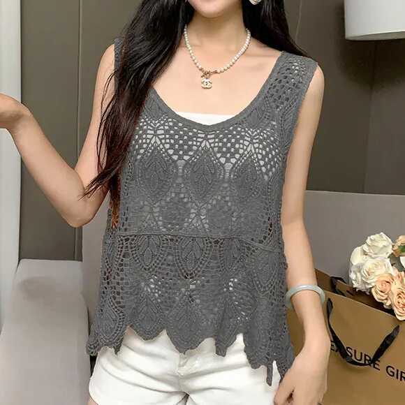 Chaleco de ganchillo de punto hueco para el verano de mujer con nuevo top de tirantes suelto bohemio sin mangas
