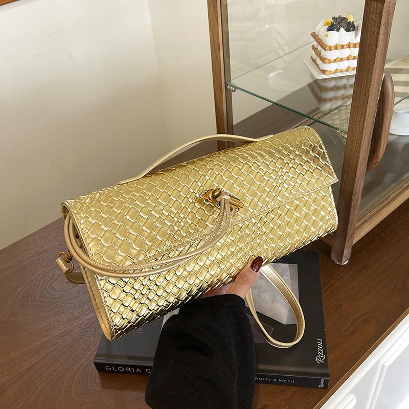 Gestrickte Handtasche in Baguette-Form im Retro-Stil - Einfache Umhängetasche für Damen gold