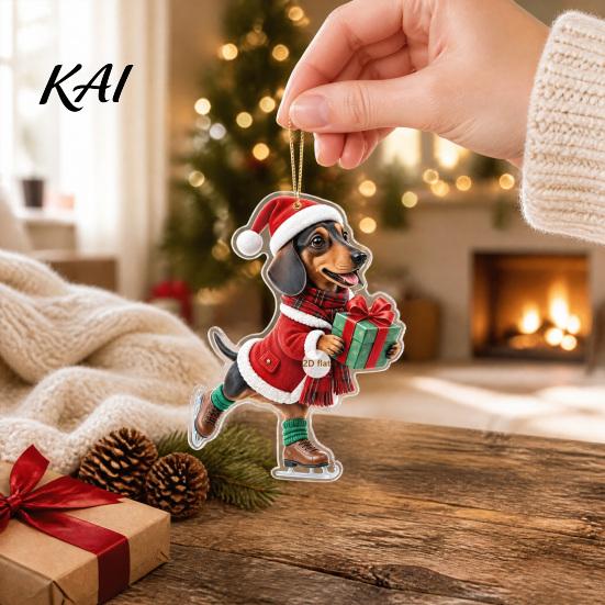 Unique Holiday Gifts for Dachshund Owners Christmas Ornaments, 2D Flat Dog Themed Acrylic Xmas Ornaments Tree Hanging Decoration Car Rearview Mirror,