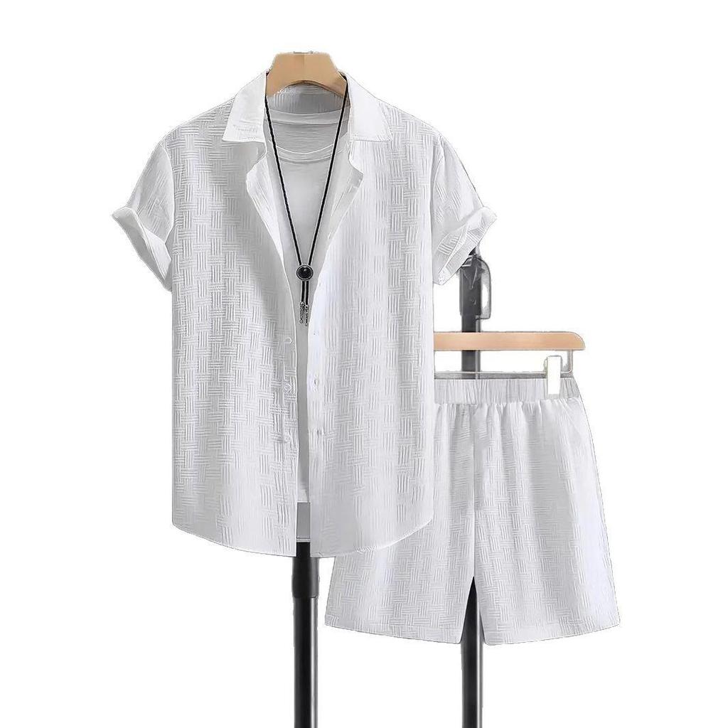 2026 European and American Summer Jacquard Solid Color Suit Short-sleeved Men's Vacation Casual Style Shirt and Shorts Two-piece Set