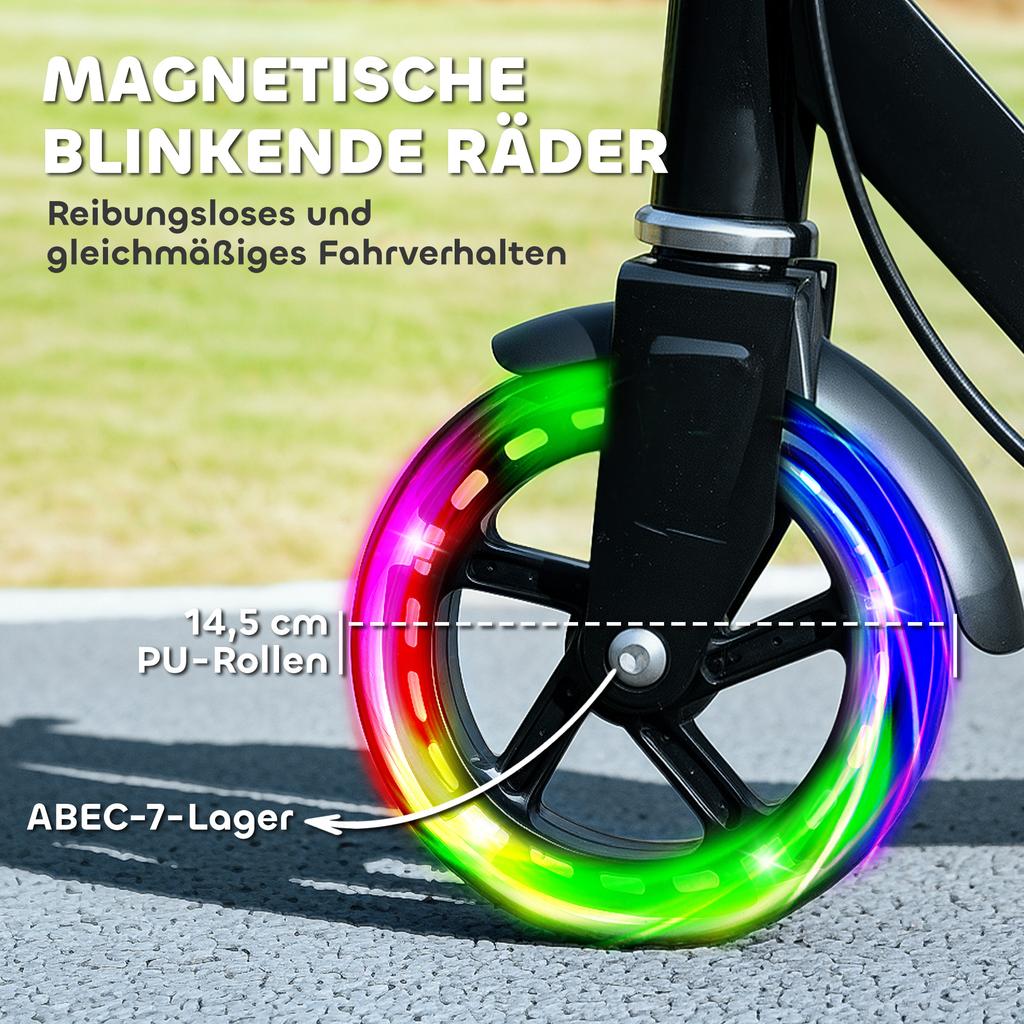 Scooter for Kids Aged 3-8 Years, with Adjustable Handle, Two Light Up Wheels, Handbrake, Rear Brake, Black