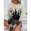 Round Neck 3D Witch Printed Top Casual Long Sleeved Women's T-shirts - Soft Medium Stretch Polyester Fabric Spring and Autumn Relaxed Fit Clothing