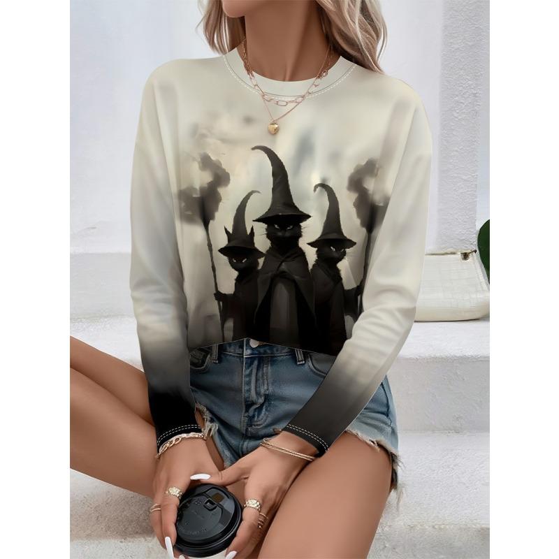 Round Neck 3D Witch Printed Top Casual Long Sleeved Women's T-shirts - Soft Medium Stretch Polyester Fabric Spring and Autumn Relaxed Fit Clothing