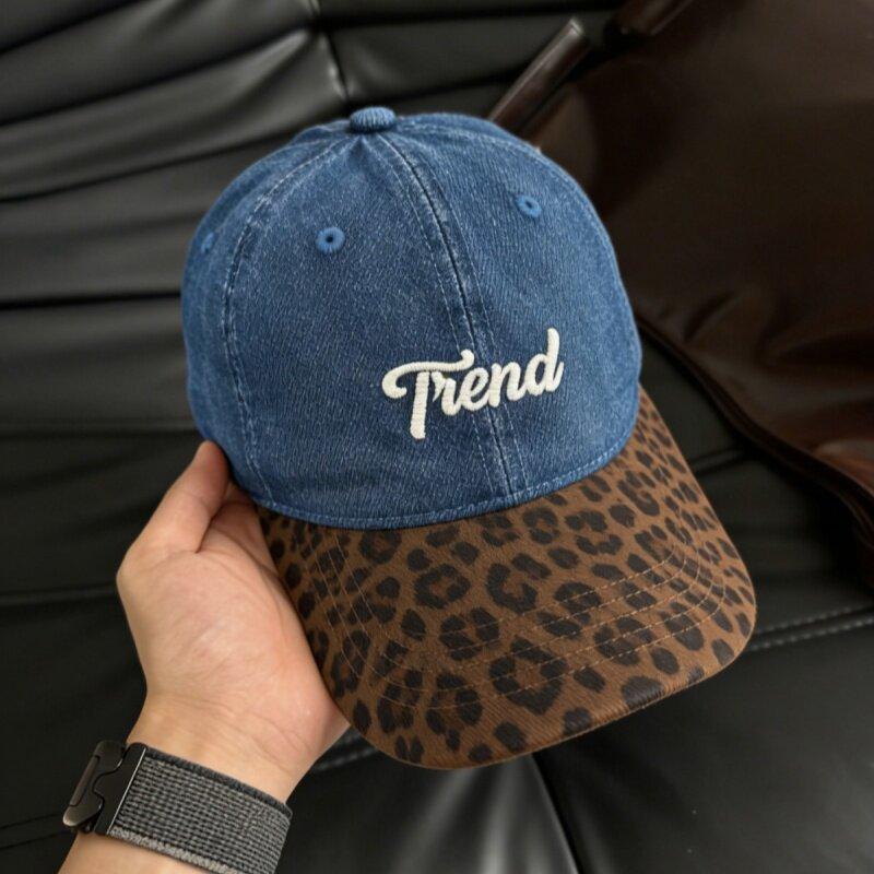 Women Denim Baseball Cap Leopard Print Brim Letter "Trend" Casual Adjustable Dad Hat Y2K Vintage Sunscreen Baseball