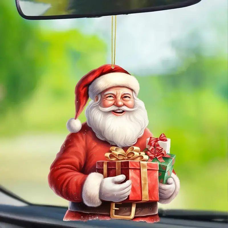Flat Acrylic Surface Christmas Santa Car Pendant In Cartoon Style For Gift