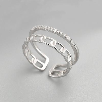 925 Sterling Silver Open Rings for Women Double Layers Chain Zircon Elegant Creative Design Irregular Adjustable Party Jewelry