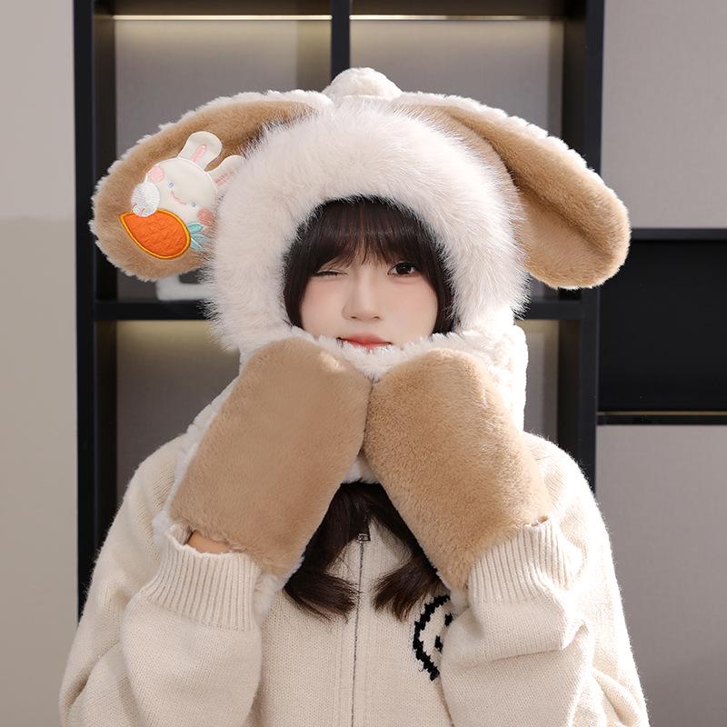 Women's Cozy Fox Ear Plush Hat with Integrated Scarf - Warm, Soft Lei Feng Design for Autumn and Winter. Perfect Ear Protection for Students.