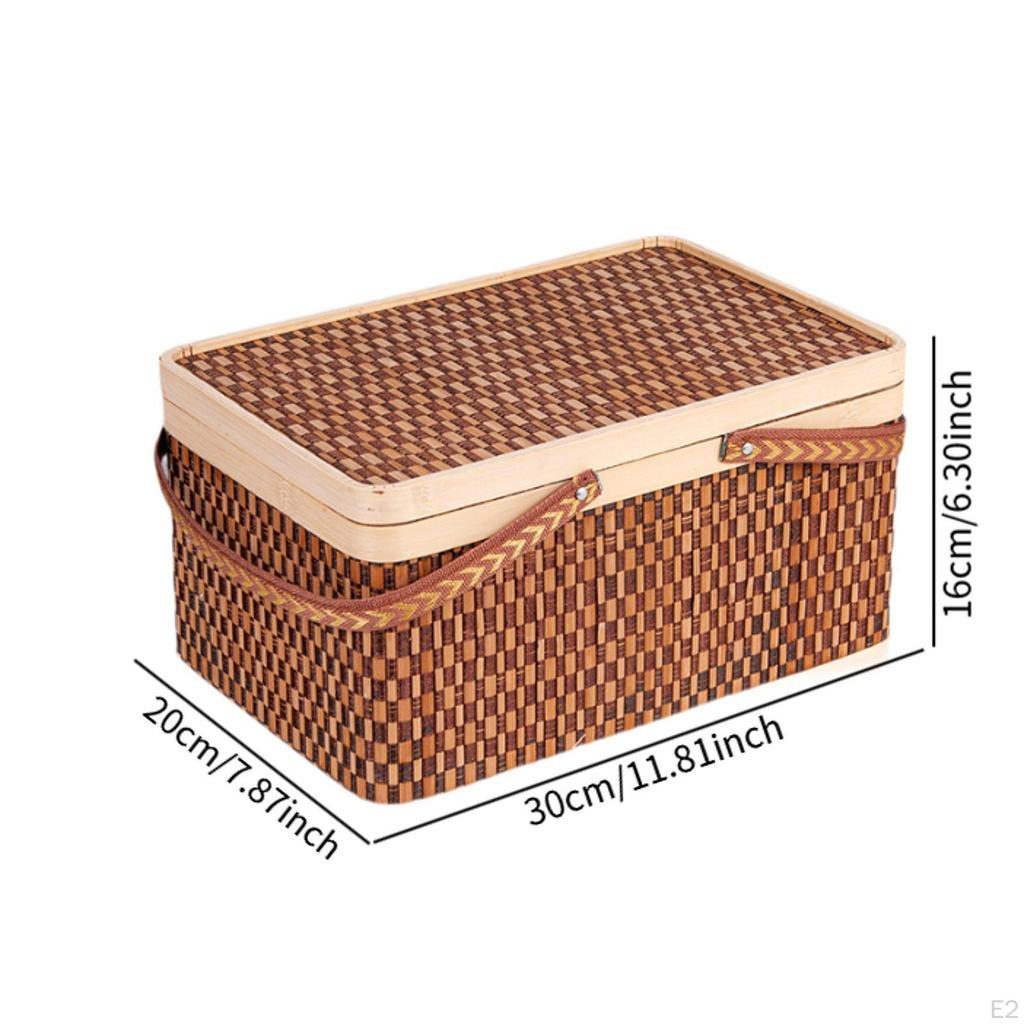 Bamboo Basket Woven Picnic Egg Storage Holder Sturdy Portable with Lid and Handle for Bread