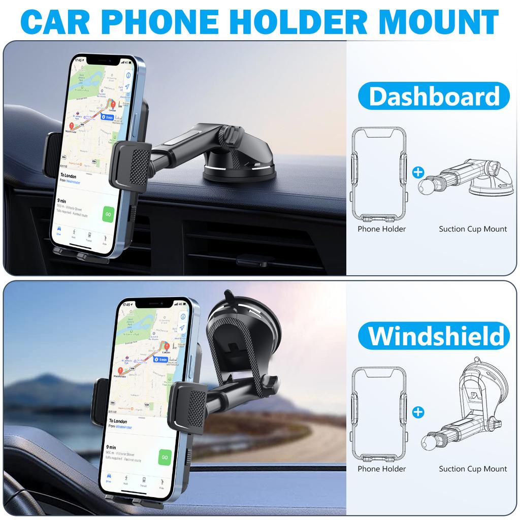 ML236 Car Phone Holder 360 Degree Rotation Extendable Suction Cup Mobile Mount for Windshield Dashboard