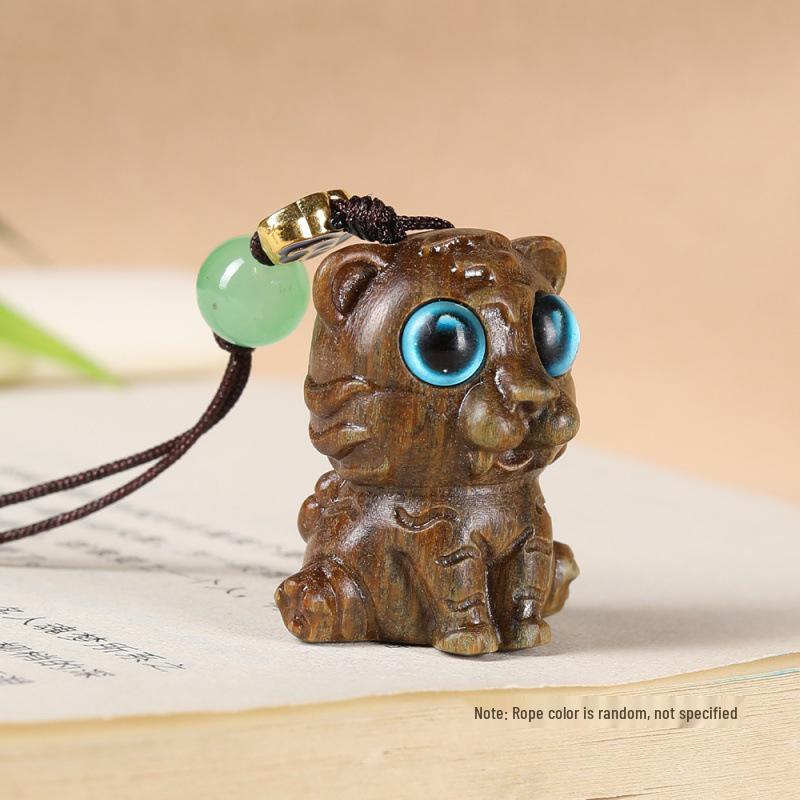 Zodiac Tiger Wooden Keychain: Cute Green Sandalwood Cartoon Pendant for Men & Women