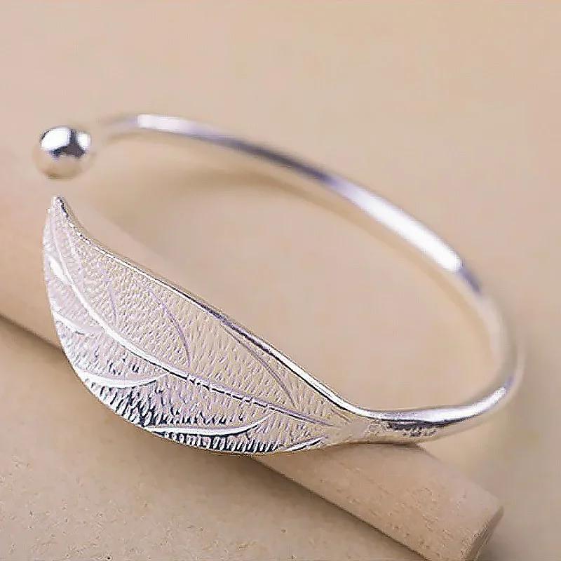 Fashion 925 Silver Woman Cuff Bracelet Open Leaf Shaped Adjustable Charm Bangle Girls Party Jewelry Christmas Gifts