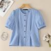 Women Casual Round Neck Grid Print Summer Short Sleeve Blouse