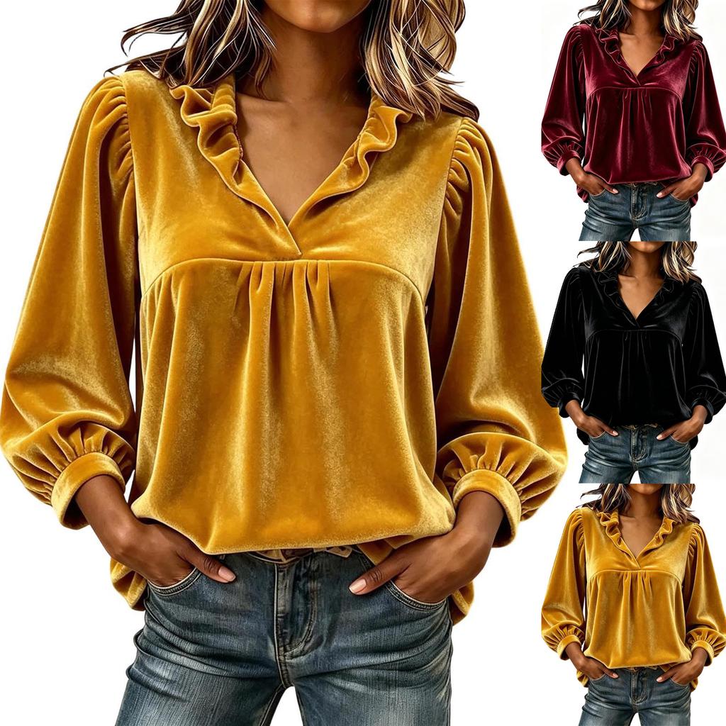 Women's Velvet Pullover Top with V-Neck and Ruffle