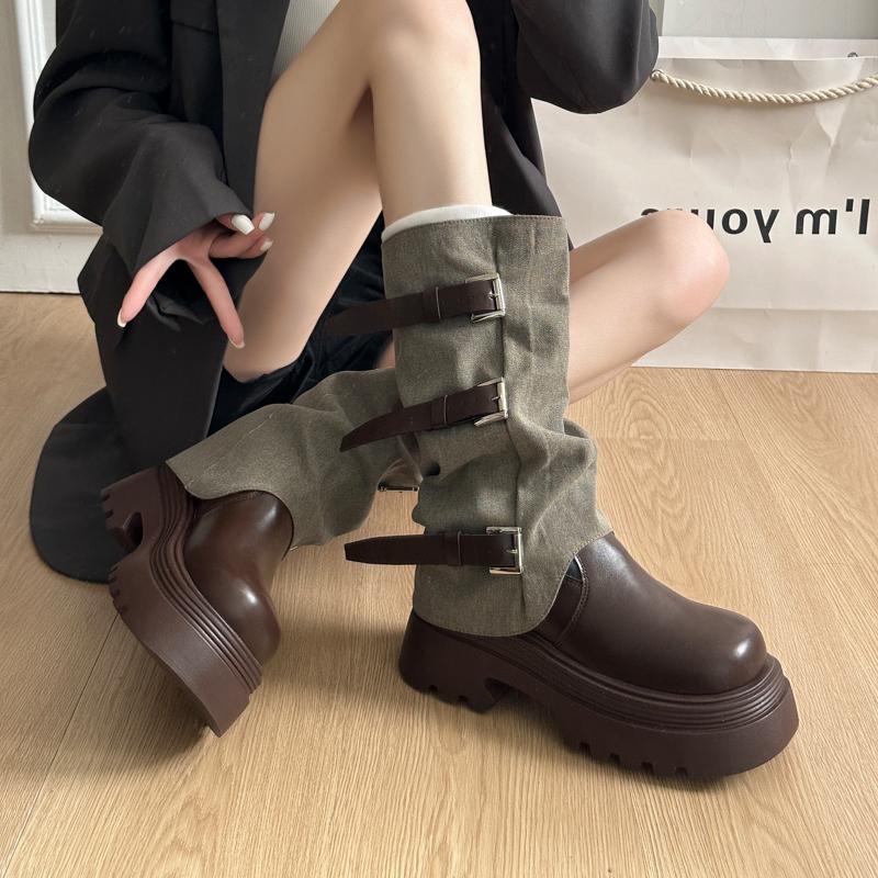 Fashion Winter Fashion Platform Heels Women Knight Boots Fashion Belt Buckle Slip On Shoes Ladies Elegant Mid Calf Booties