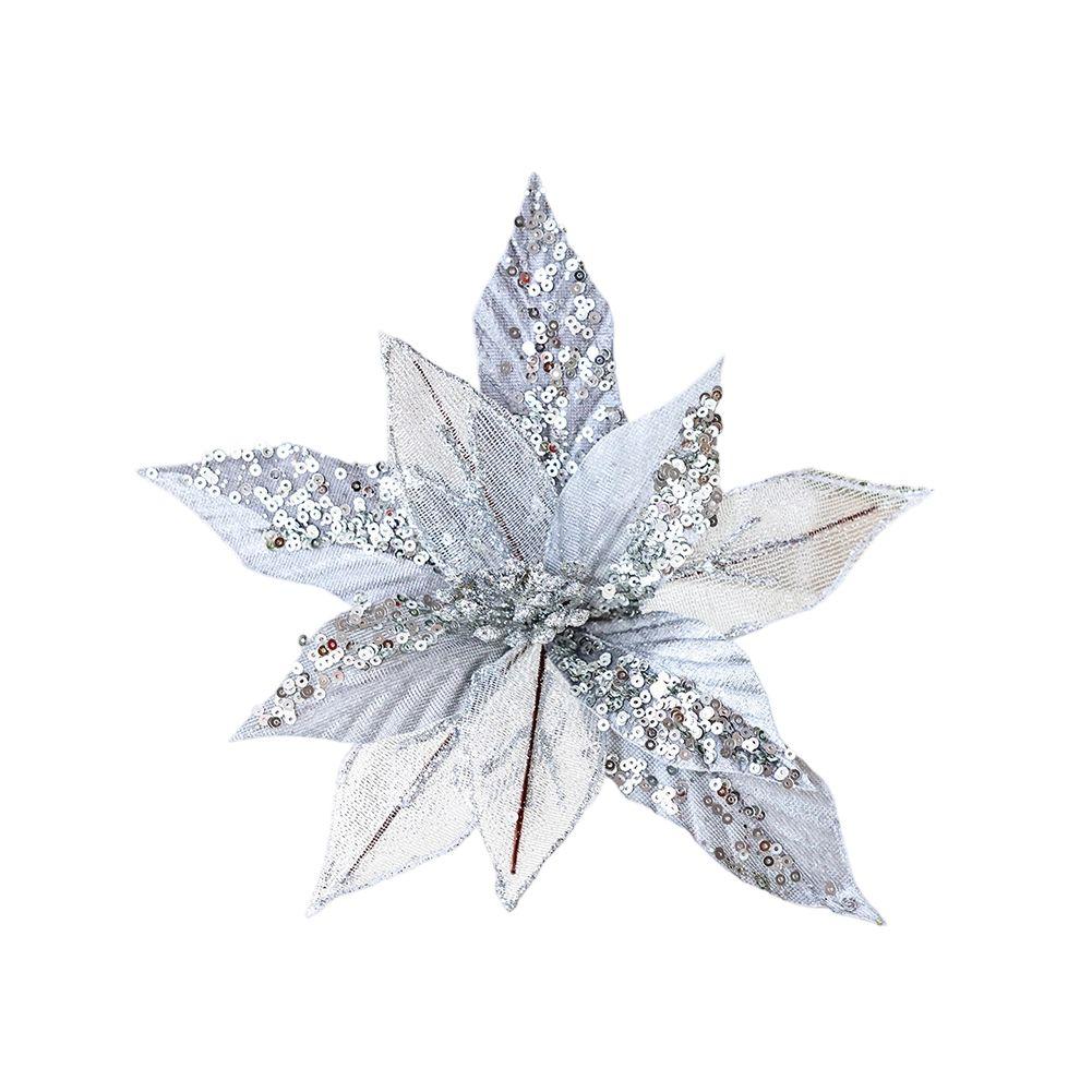 Artificial Holiday Flowers Glitter Poinsettia Flowers Shimmering Stamen Textured Look With Pearls Glitter Flower