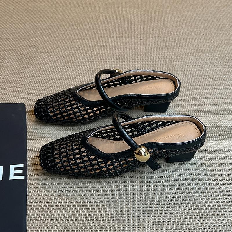 Square head woven hollow outer wear slippers inner height increase belt metal buckle bag head thick heel fashion sandals women's summer