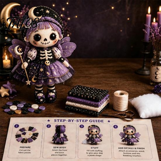 Step-by-step Sewing Tutorial Skeleton Witch Patchwork Kit, Gothic Girl Doll DIY Stuffing Cotton Included Kit Halloween for Adults Teens Handmade Gift
