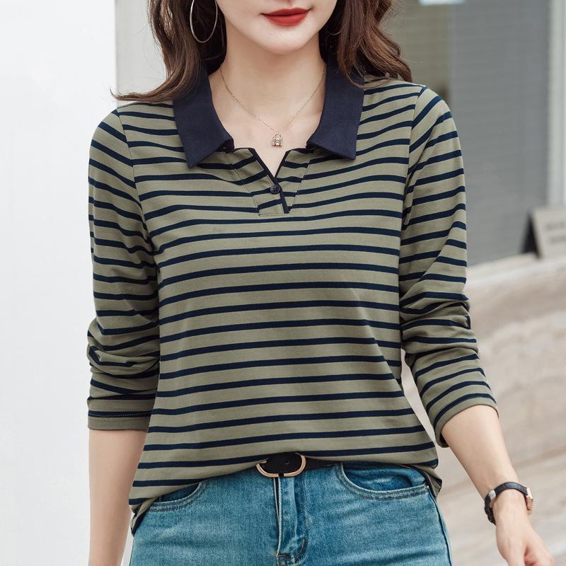 Women's Striped Long-Sleeve Polo Top in Pure Cotton