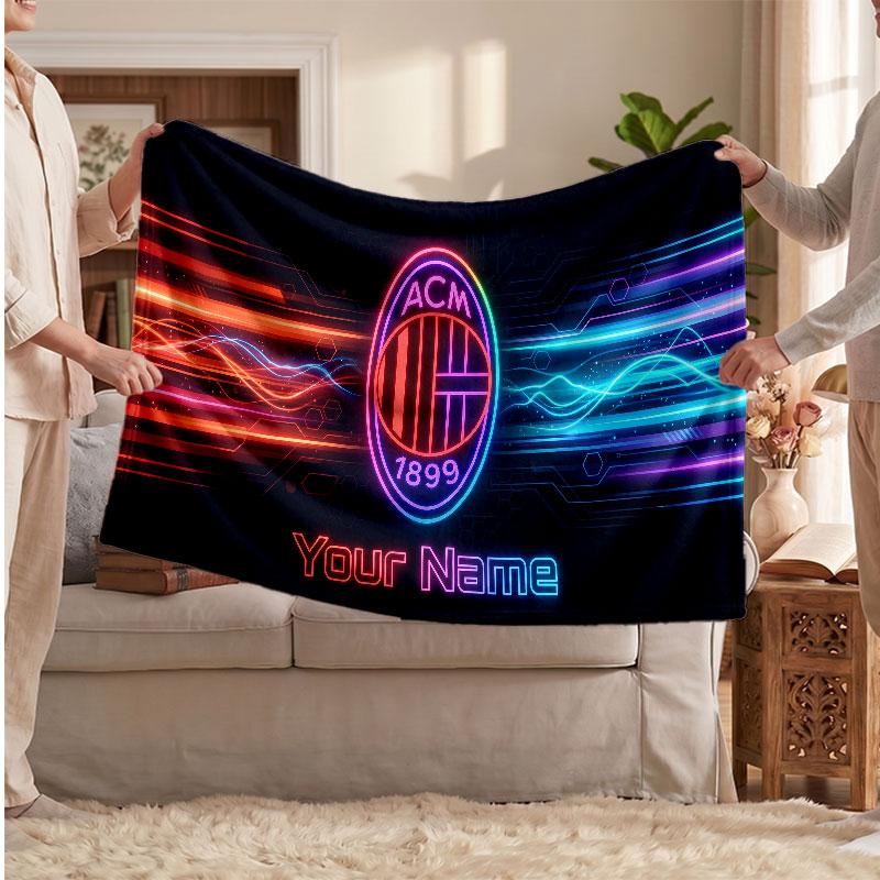 Coperta in Pile Personalizzata AC Milan con Logo Calcio, Testo Nome Personalizzato Morbida Calda Coperta da Divano per la Casa