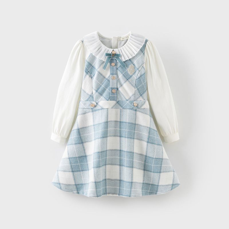 David Bella Girls  Dress Children s Plaid Skirt Spring New Style Dress Girls  Princess Dress Children s Clothing for Girls Blue and White Check [Ready in Stock] 110