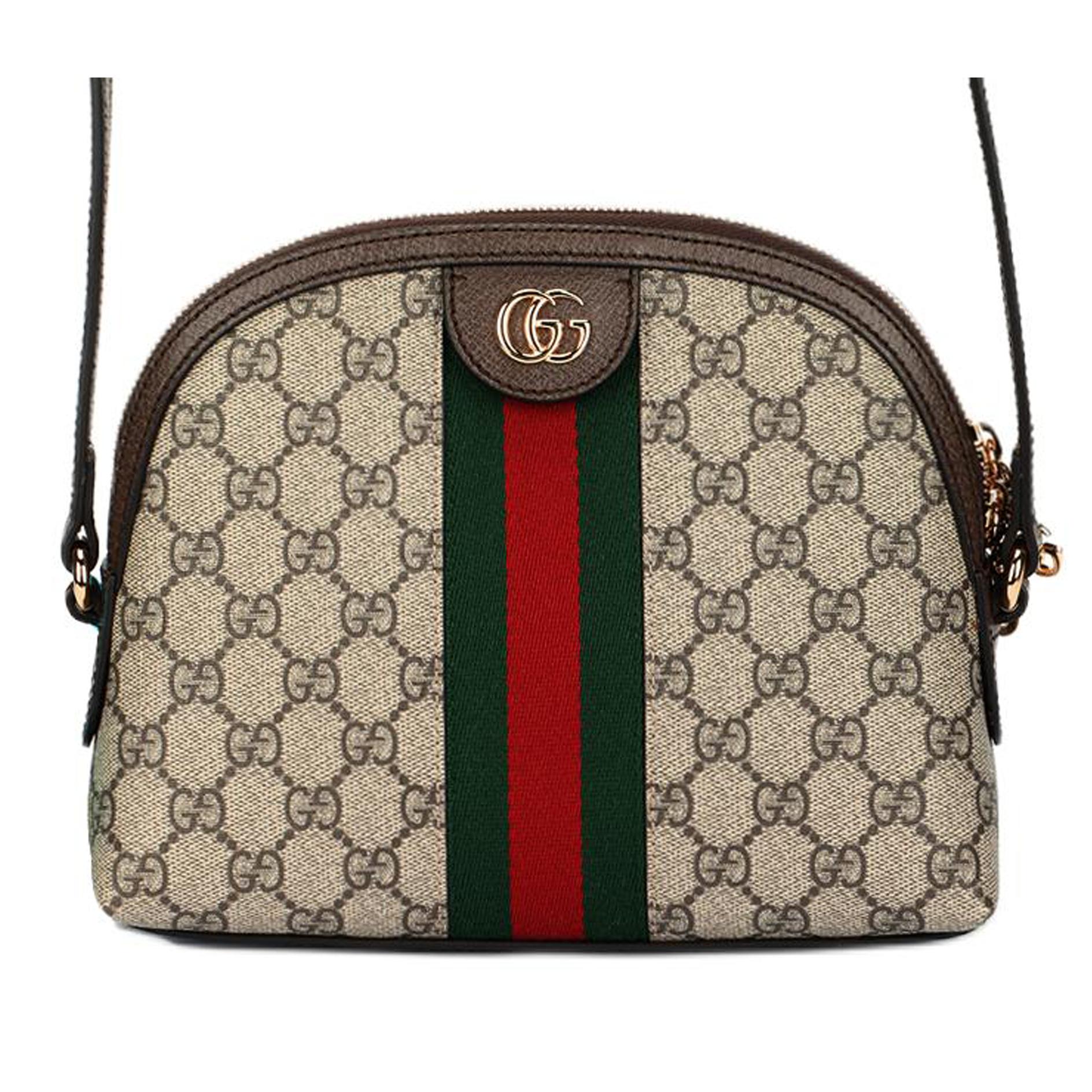 

Gucci Ophidia Сумка через плече-месенджер з золотим логотипом, візерунком GG Webbing, полотном та шкіряною вставкою Basic+Dust Bag ебеновий/коричневий