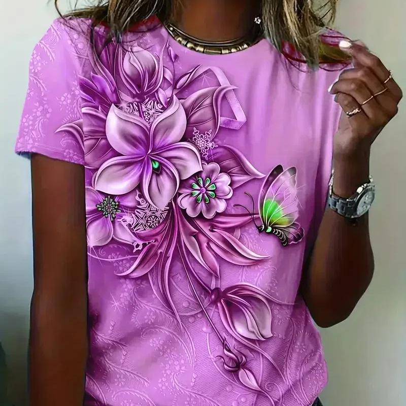 

Модная женская футболка с 3D цветочным принтом, уличный тренд, топы с короткими рукавами, повседневные свободные футболки с круглым вырезом, летняя женская одежда, блузка 5XL