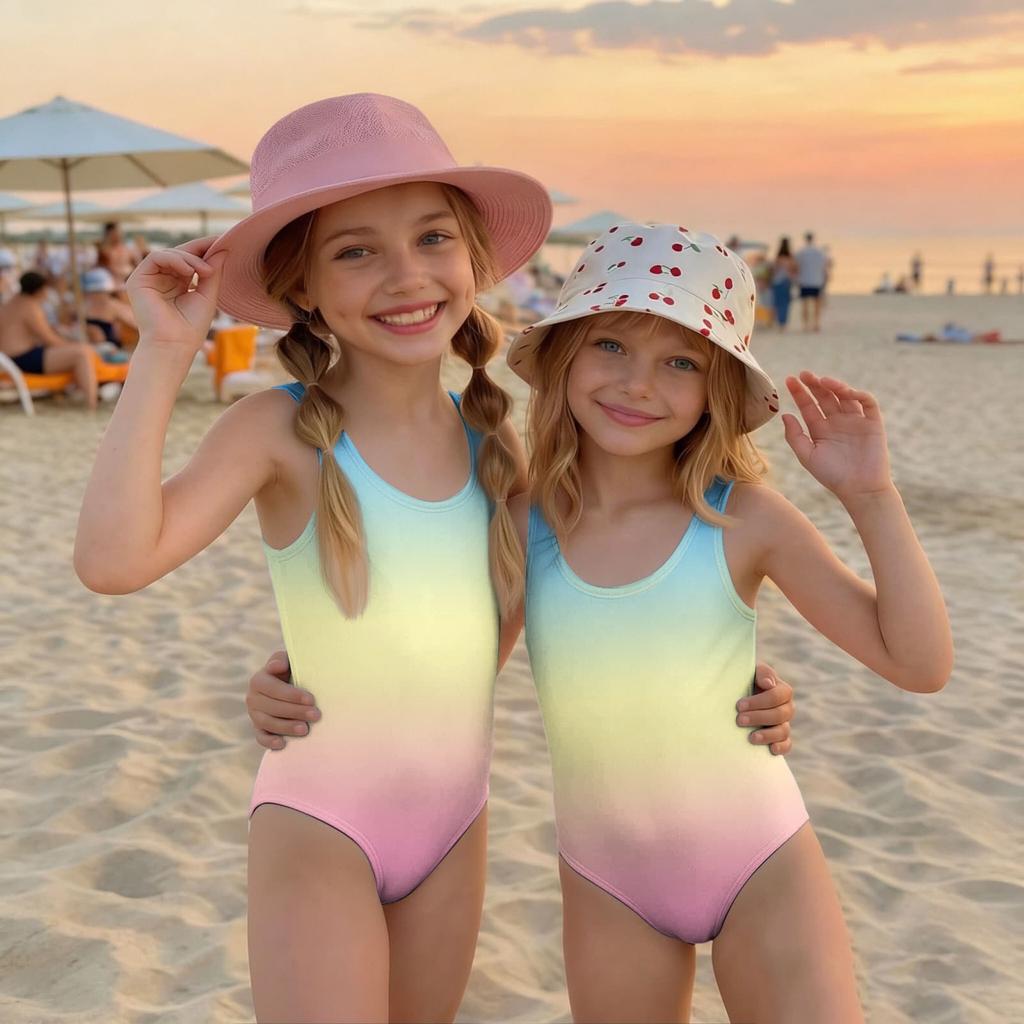 Maillot de bain une pièce pour fille Été Imprimé Dégradé Sans Manches Décontracté Maillot de bain Tenue de plage pour enfants Léger Séchage rapide