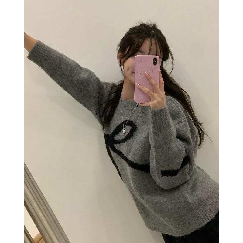 Elegant Korean O-neck Bow Tie Pattern Sweet Pullover Sweater Autumn Women Long Sleeve Casual Knitted Top Loose Fashion Winter Simple Knitwear