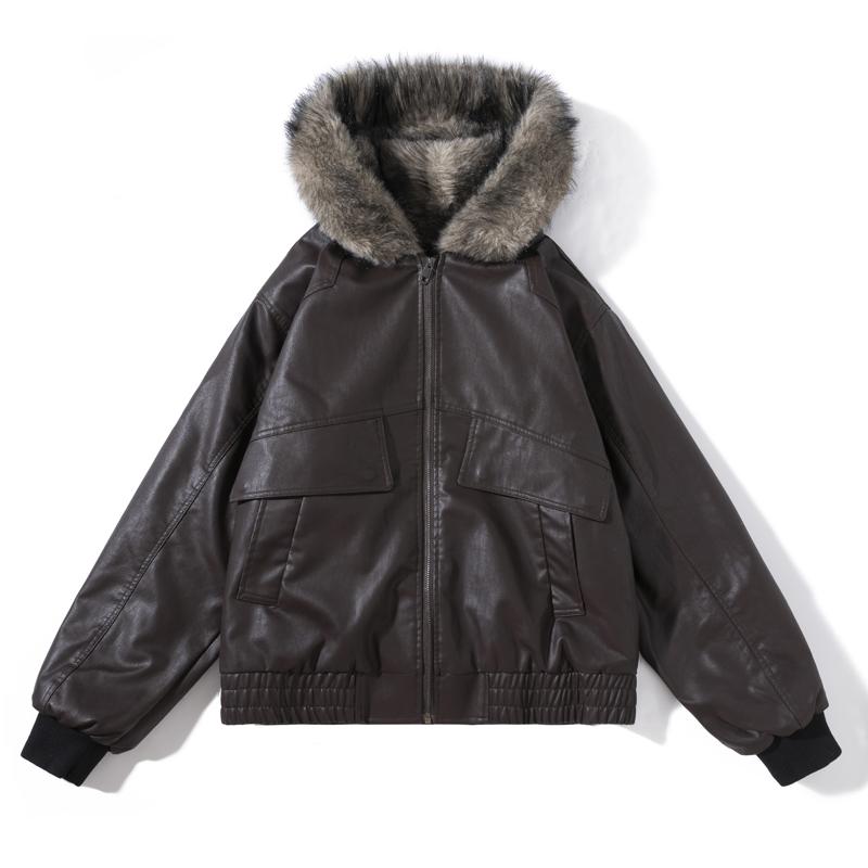 Men Leather Hooded Jacket Faux Fur