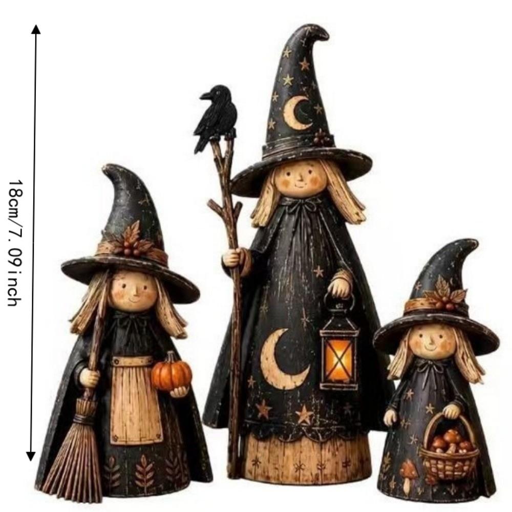 3pcs 2D Flat Crow Witch Statue Set Wooden Desktop Decoration Home Decoration