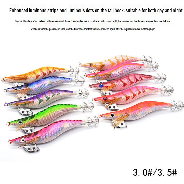 Fishing Lure Set: Luminous Squid Hooks & Wooden Shrimp Bait (3.0#-3.5#)