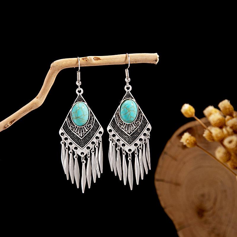 Europe, America, Bohemian Ethnic Style Stud Earrings, Long Fringed Metal Earrings, Fashion, Exotic Style Earrings Wholesale
