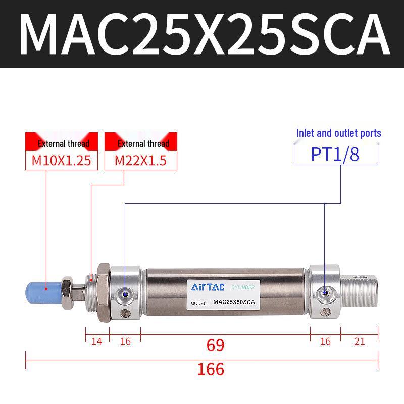 AirTAC Stainless Steel Mini Cylinder MAC25X20X50X75X100X125X150X175SCA