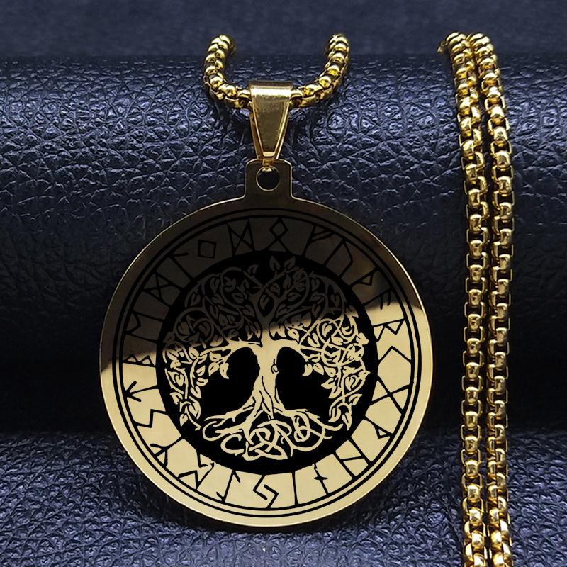 Yggdrasil Arborele vieții Colier din oțel inoxidabil pandantiv busolă Viking Celtic Nordic Arborele genealogic cu rune bijuterii