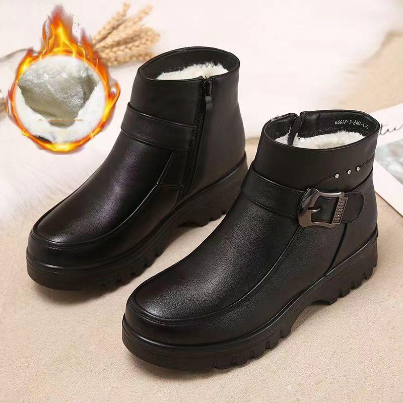 Winter Women Cotton Shoes Warm and Thickened Plush Leather Shoes Plush Short Boots Women's Middle-aged and Elderly Women's Flat Bottom Anti-skid Boots
