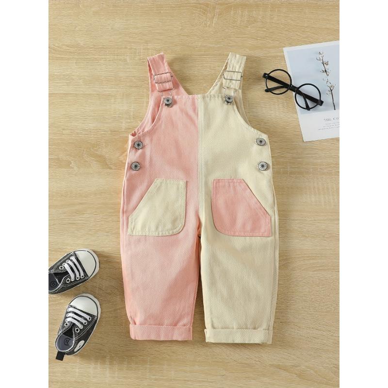 

Cotton Blend Color Block Overalls with Pockets - Unisex Two-Tone Pink & Romper, Machine Washable Regular Fit for Spring/Fall Outdoor Play 110 рожевий