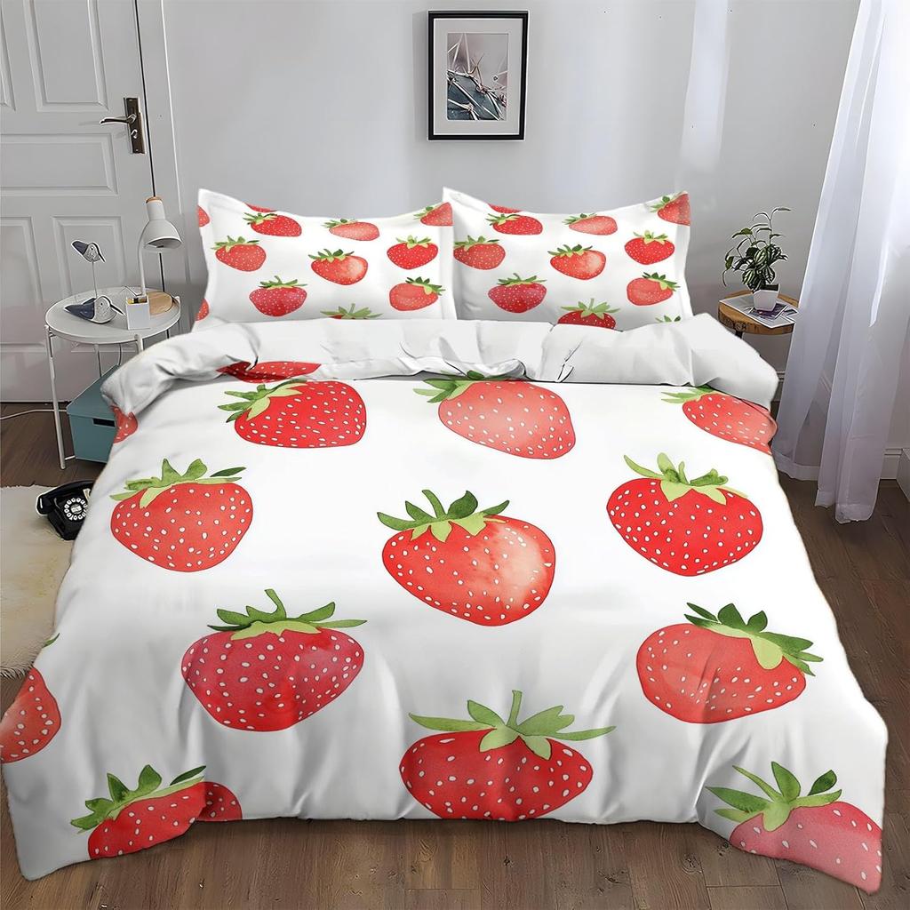Girls Strawberry Bedding Set 2pcs, Soft Comfy Microfiber Fruit Geometry Reversible Duvet Cover with 1/2 Pillow Cases 75*50CM