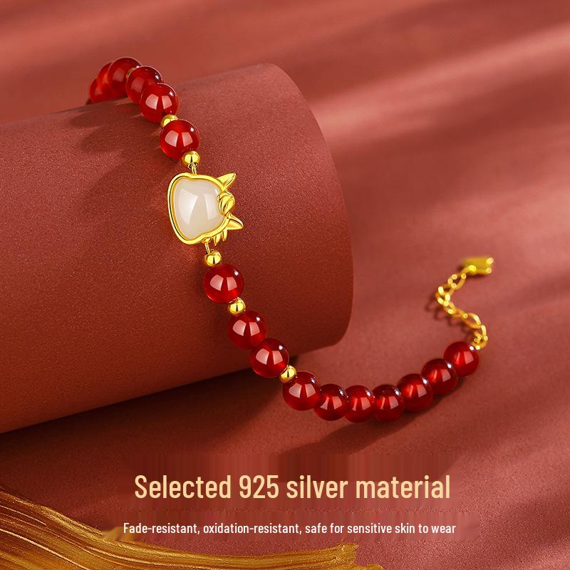 Red Agate & Sterling Silver Horse Zodiac Bracelet for Women - Retro Chinese Luxury Design S925 Silver