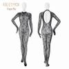 Feimu Retro Jacquard Long-Sleeved Fishnet Bodysuit with Finger-Covered Design
