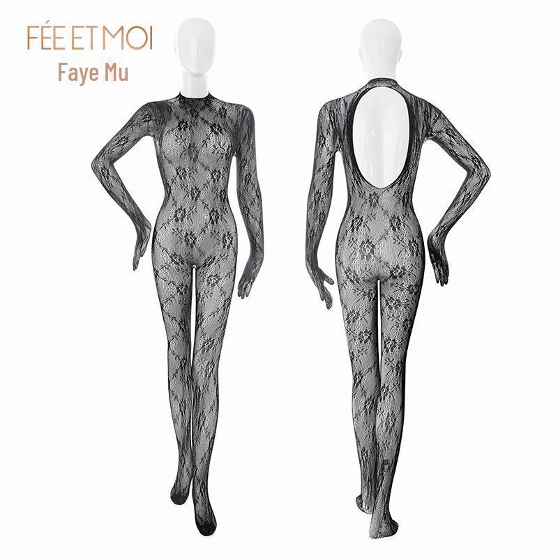 Feimu Retro Jacquard Long-Sleeved Fishnet Bodysuit with Finger-Covered Design