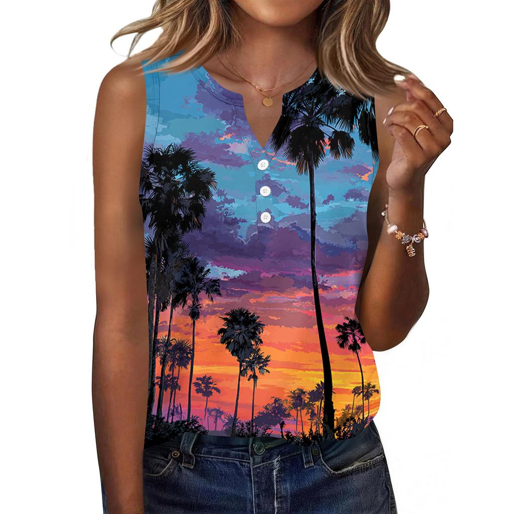 Women's Fashionable Casual Hawaiian Print Sleeveless Button Vest Top