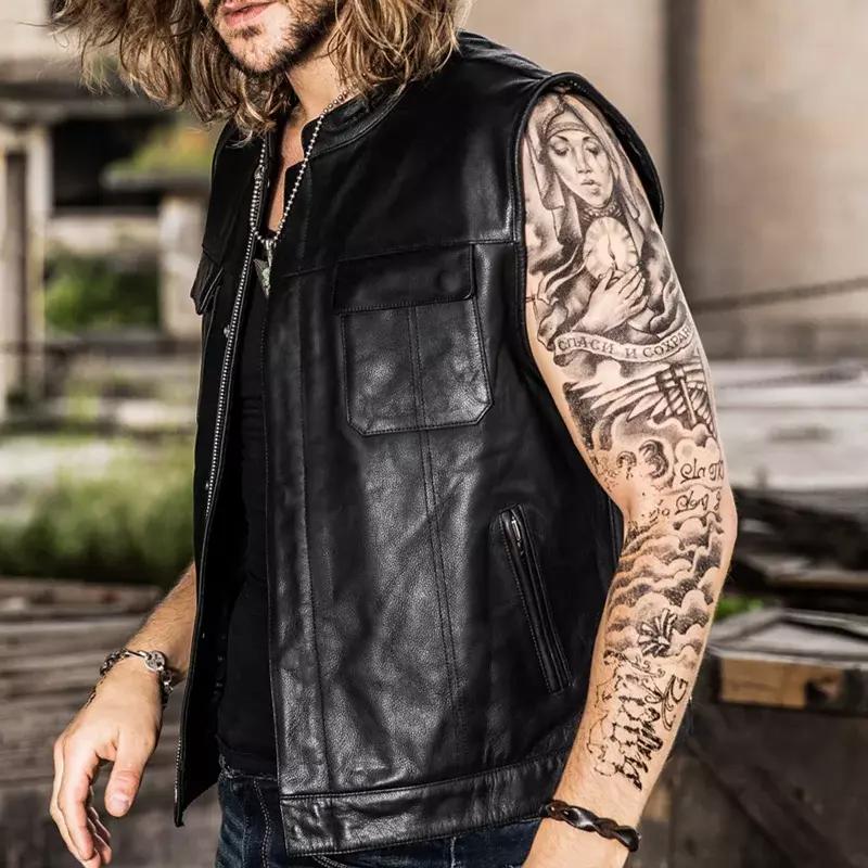 AL KHALID - Chaleco de moto de cuero auténtico negro para hombre, nuevo, hecho a mano, para club de motociclistas