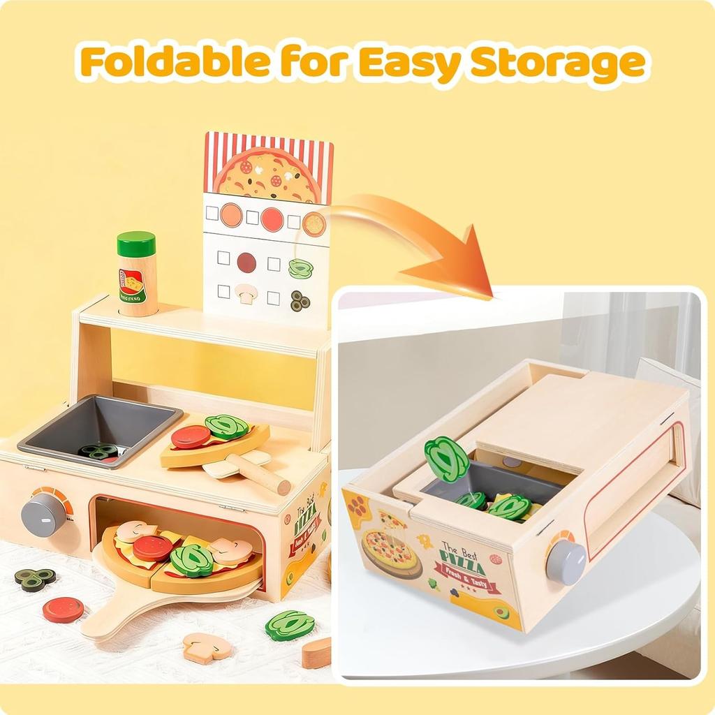 Wooden Pizza Toy Montessori Pretend Play Food Educational Learning Toy Kithcen Playset with Bake Oven Birthday Gift for Boy Girl