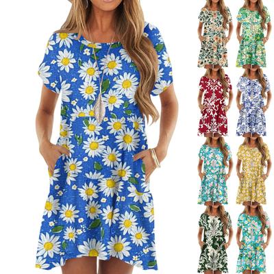 Robe décontractée pour femme à la mode avec col rond et manches courtes, imprimé floral de feuilles
