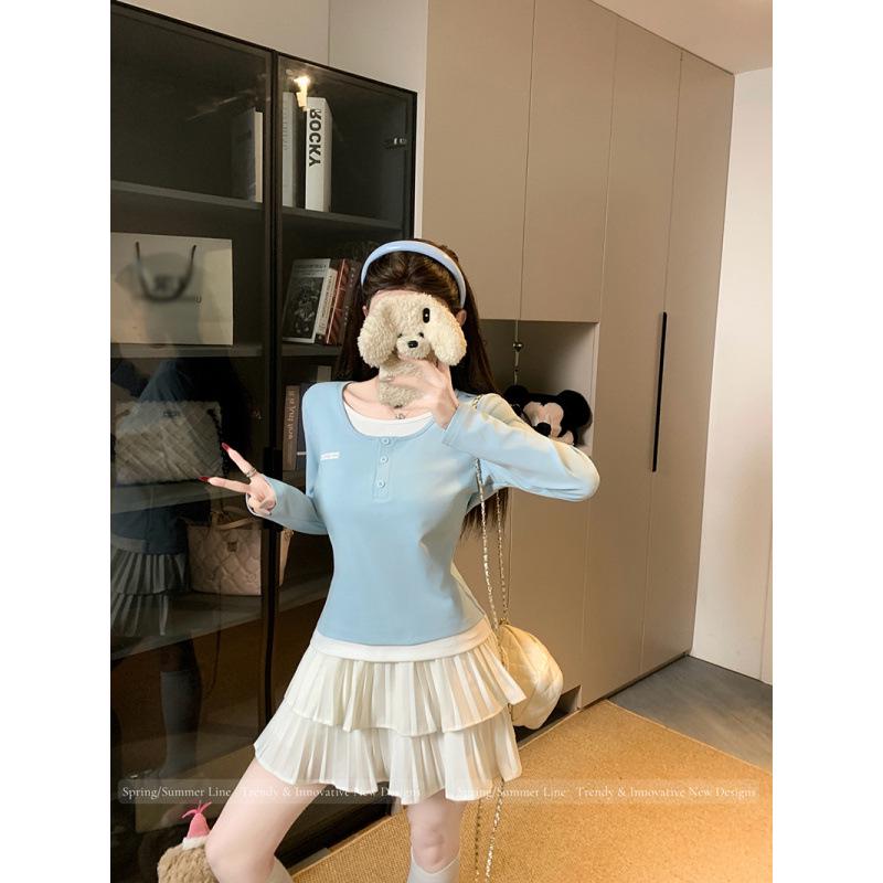 

Spring 2026 Plus Size Women s Color Block Slimming Long Sleeve Top XL синий