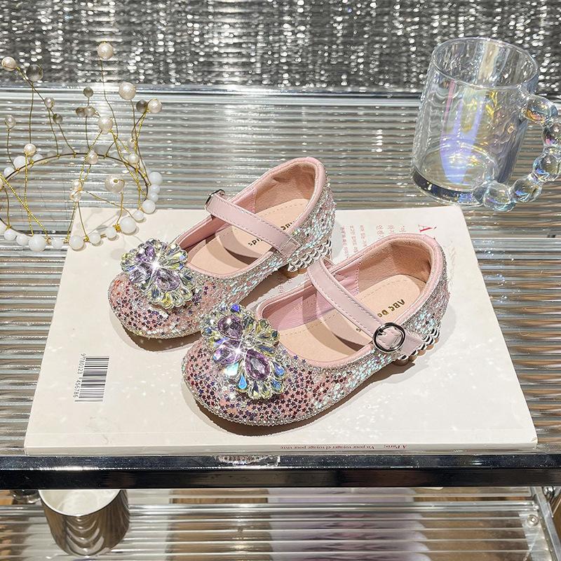 Children's high heels season children's foreign style rhinestone princess shoes children's shiny crystal soft-soled shoes